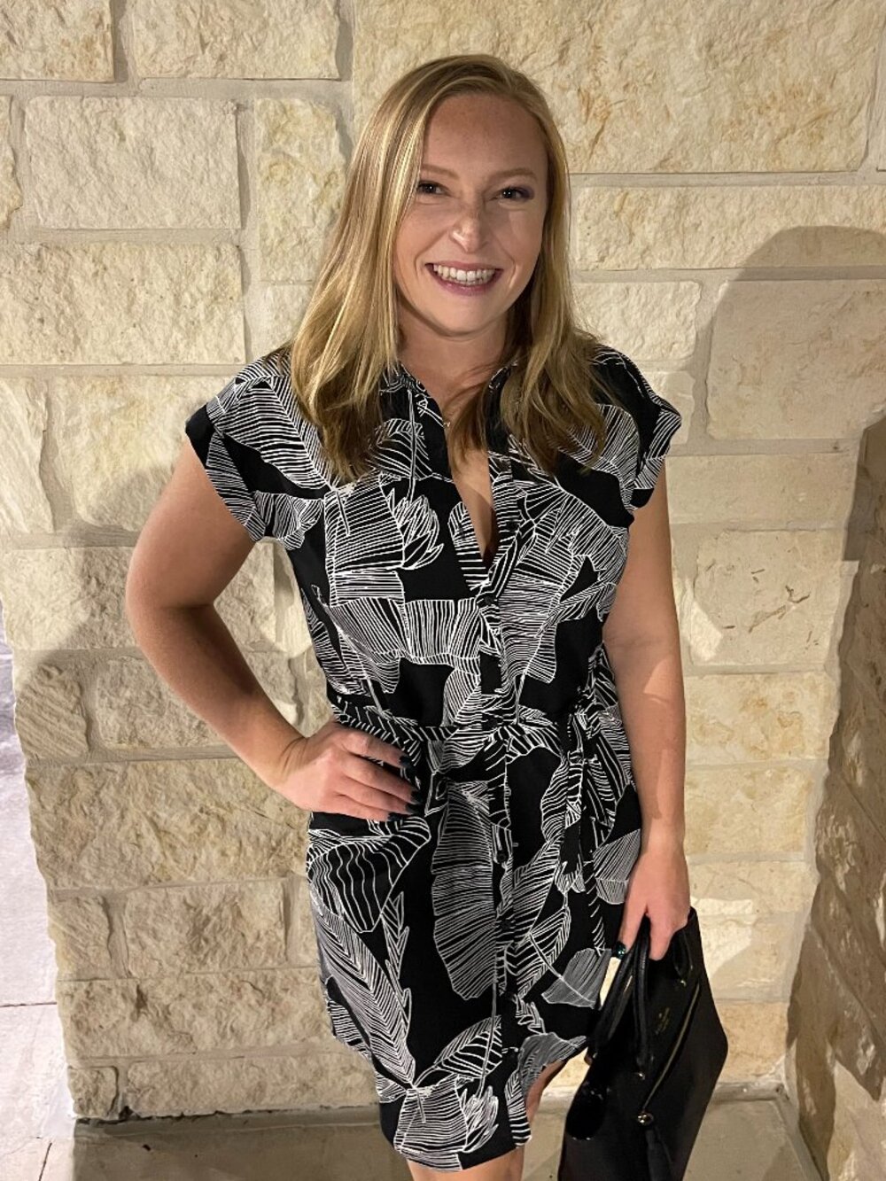 Express Black White Tropical Leaf Shirt Dress Belted Size Small